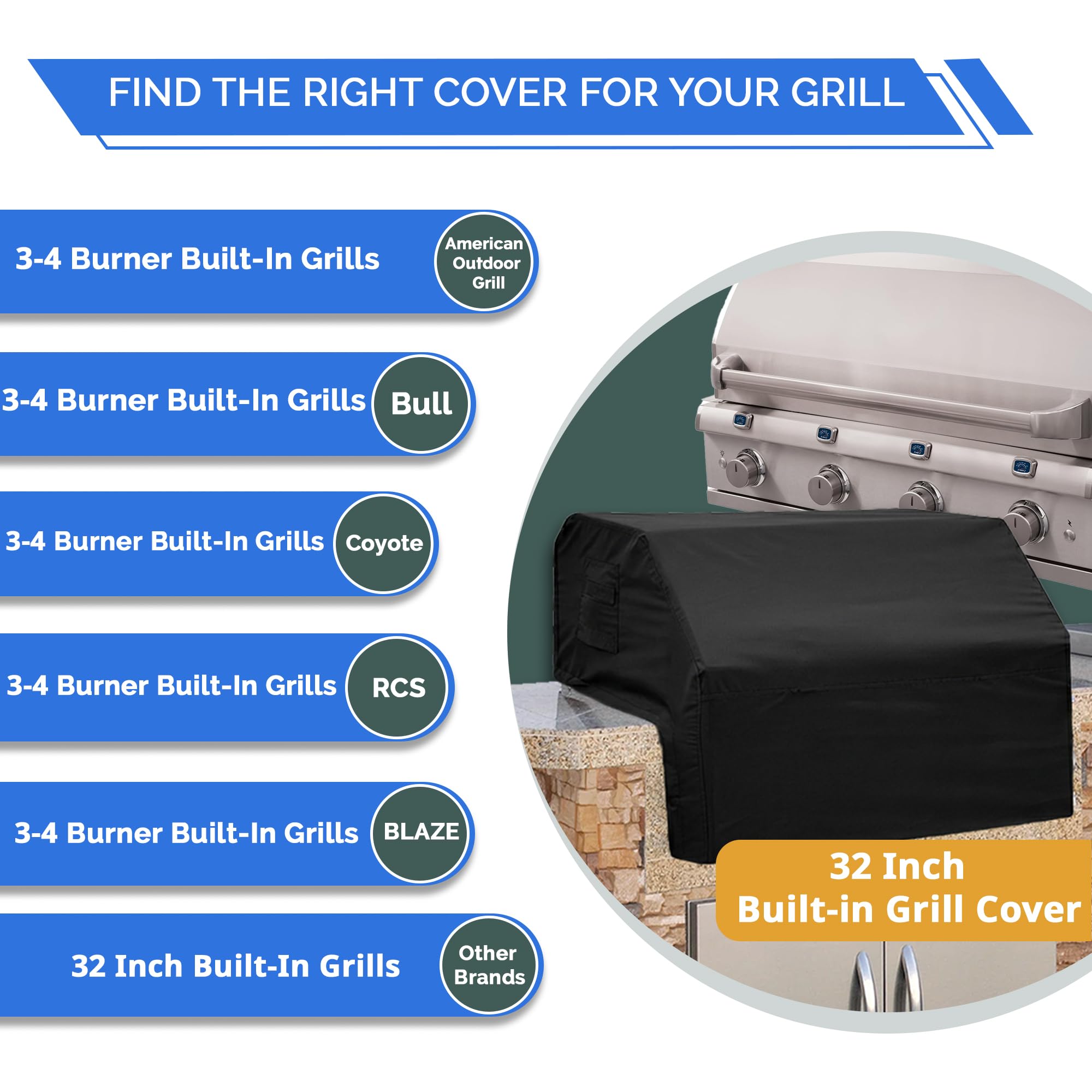 Covers & All Built-in Grill Cover for Outdoor Grill – Heavy Duty 12 oz Waterproof Built-in BBQ Grill Cover, PVC-Coated Polyester with Elastic Hem for Snug Fit (32 x 26 x 24 inches, Black) - Image 3