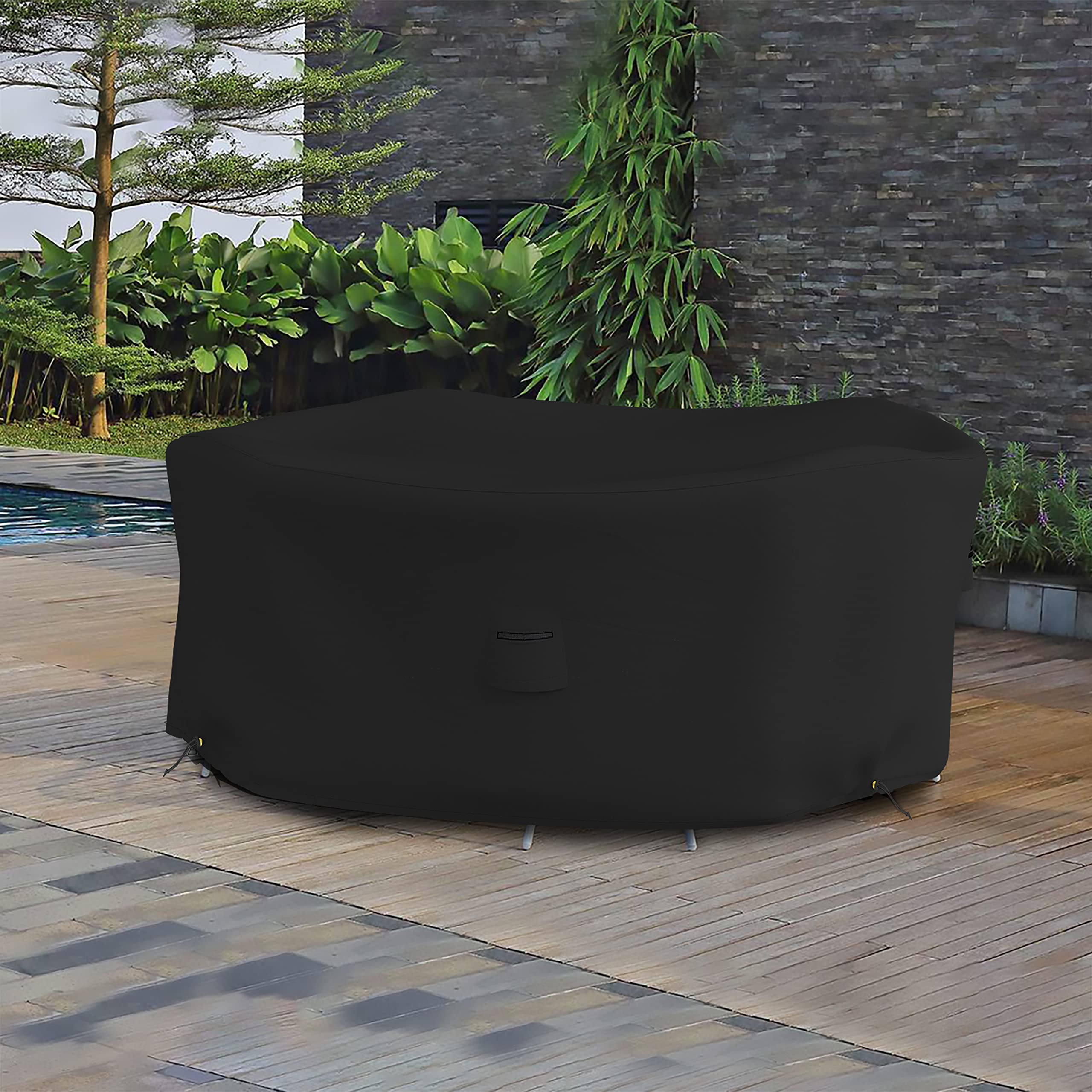 Covers & all Round Dining Table Set Cover, 12 Oz Waterproof UV & Weather Resistant Patio Indoor Outdoor Bistro Garden Lawn Furniture Cover with Air Vents & Drawstrings (95"Diameter x 24"H,Black) - Image 6